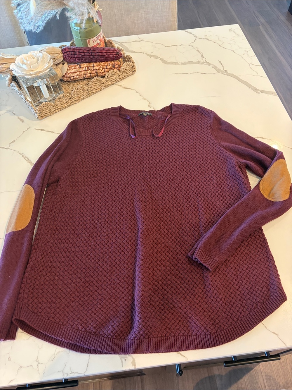 Crewneck Textured Sweater with Tan Elbow Patches - Burgundy
